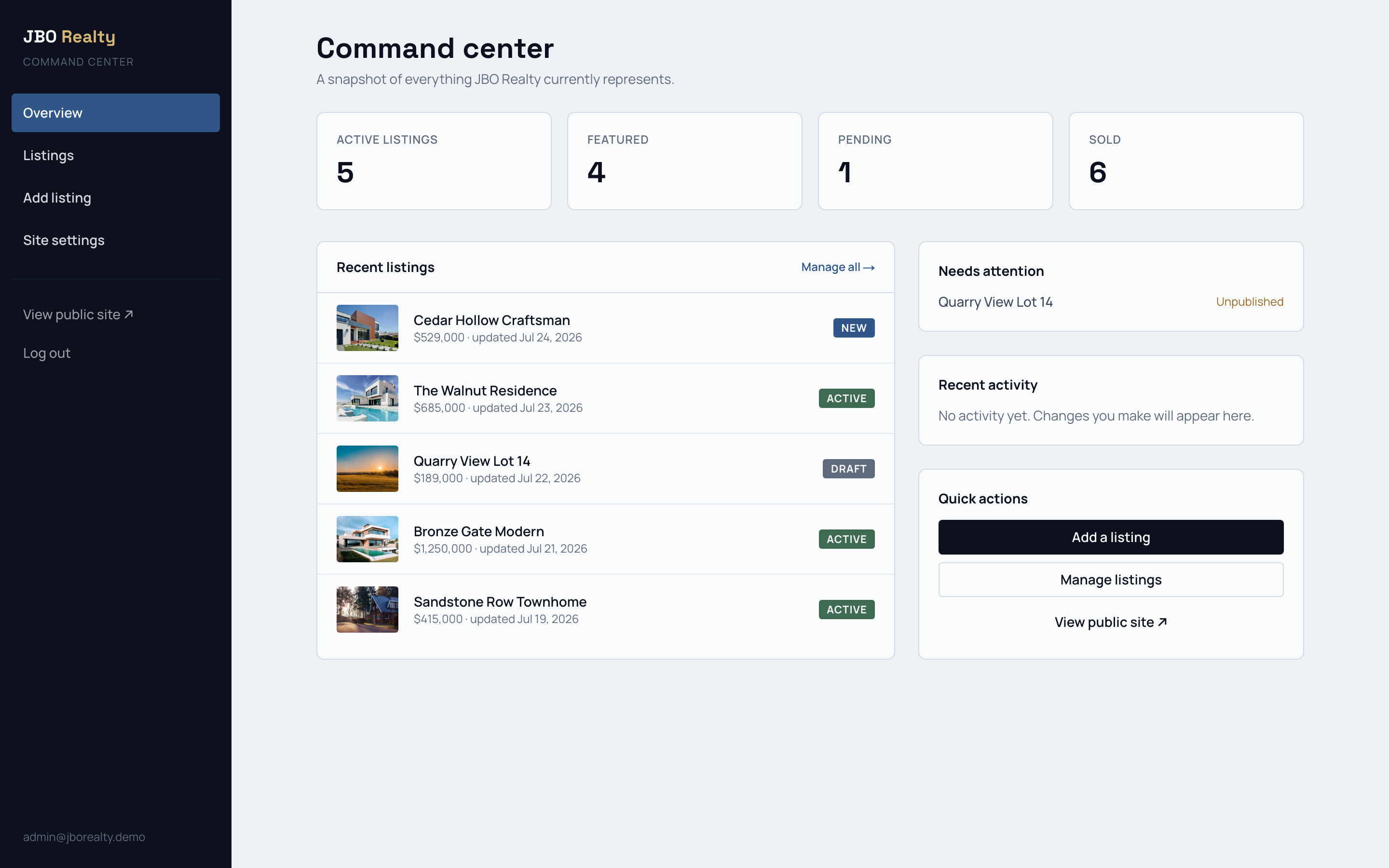 JBO Realty admin command center