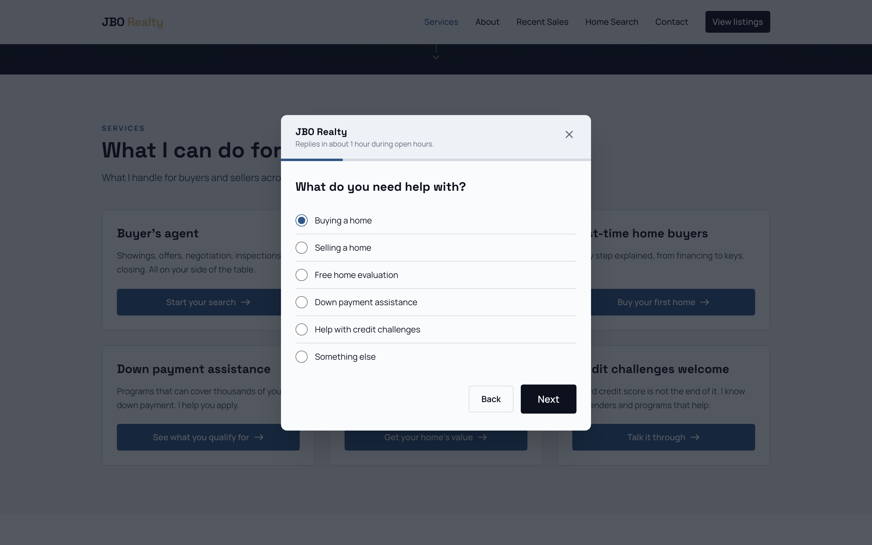 JBO Realty service inquiry dialog