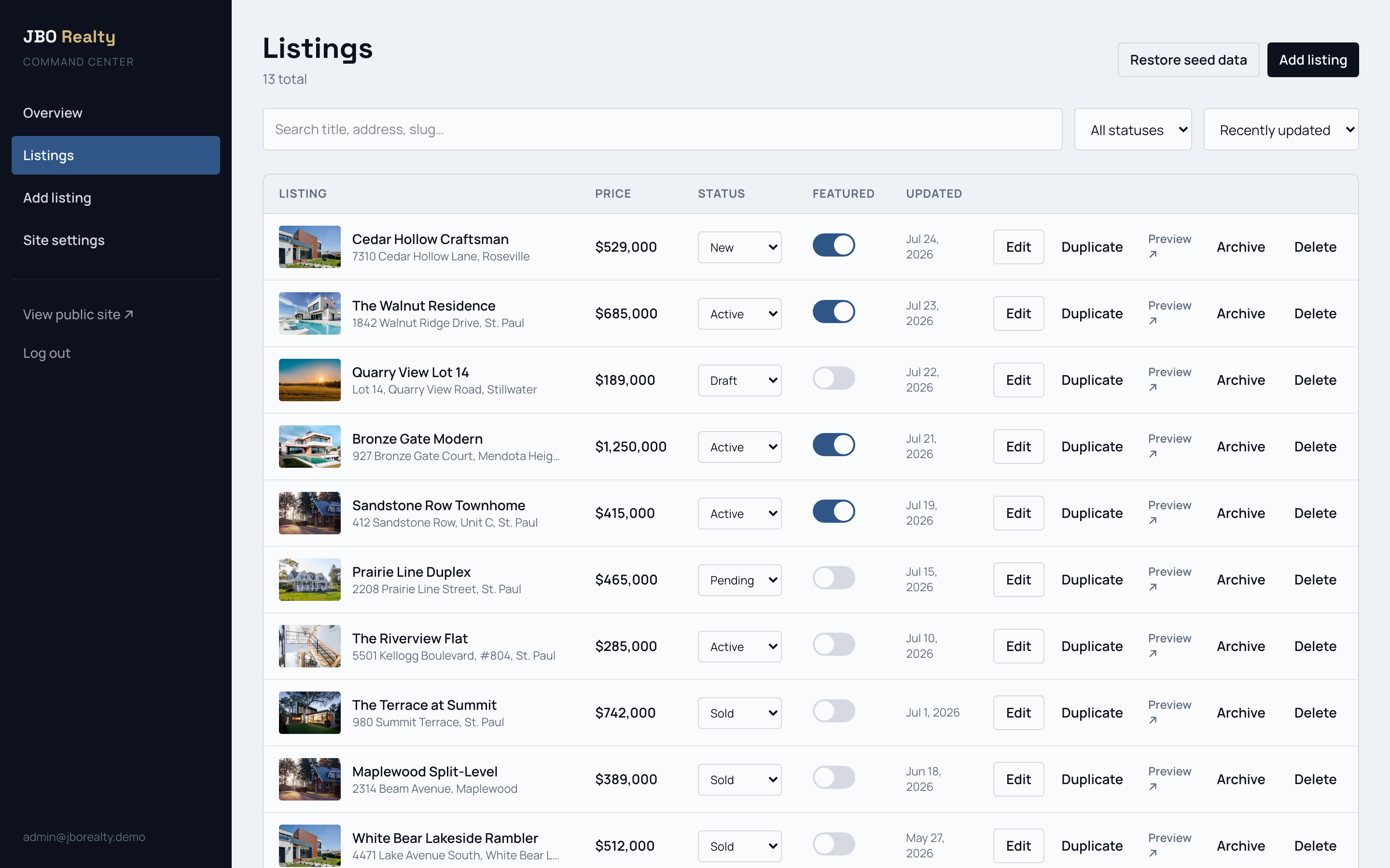 JBO Realty listings manager