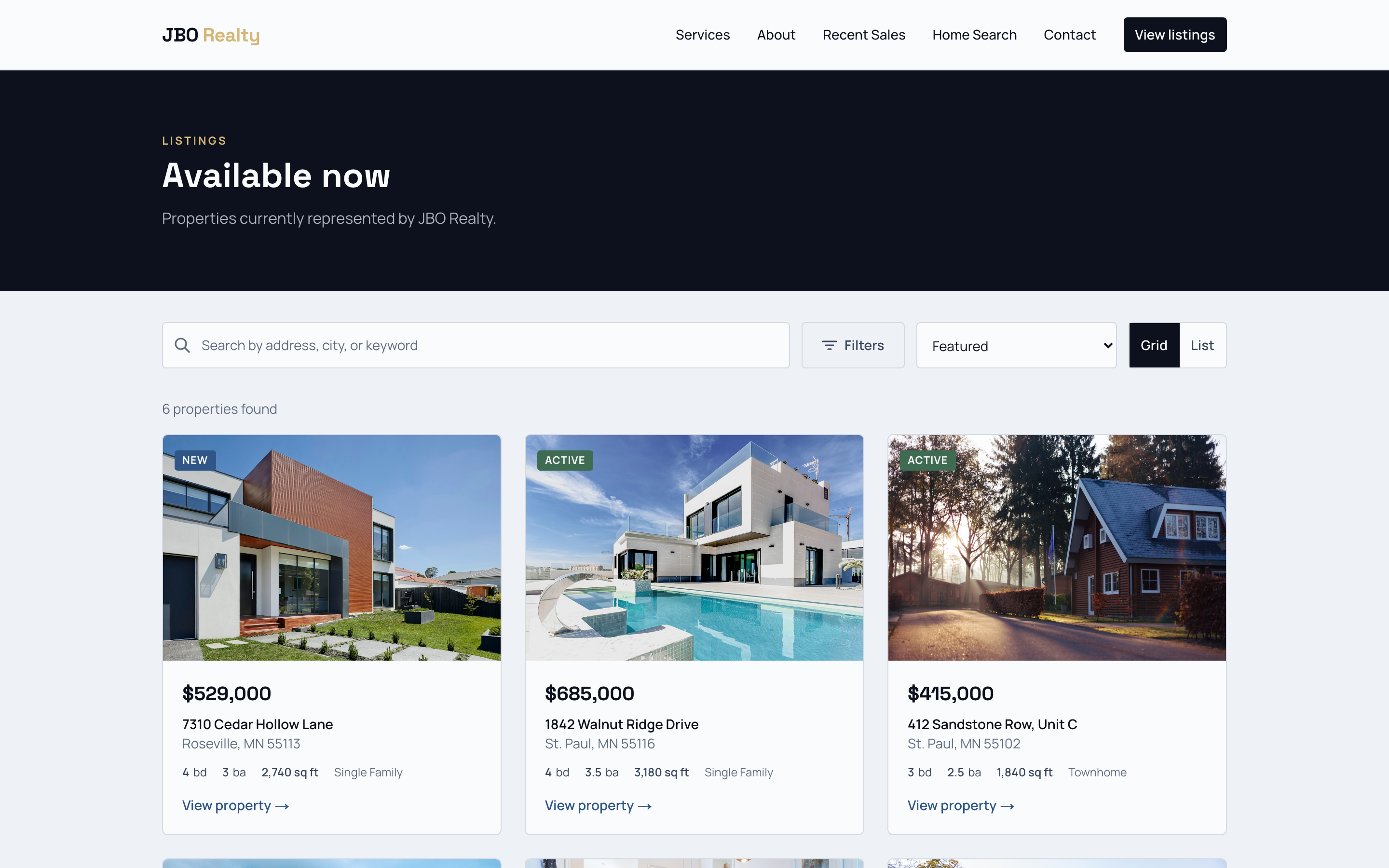 JBO Realty property listings page