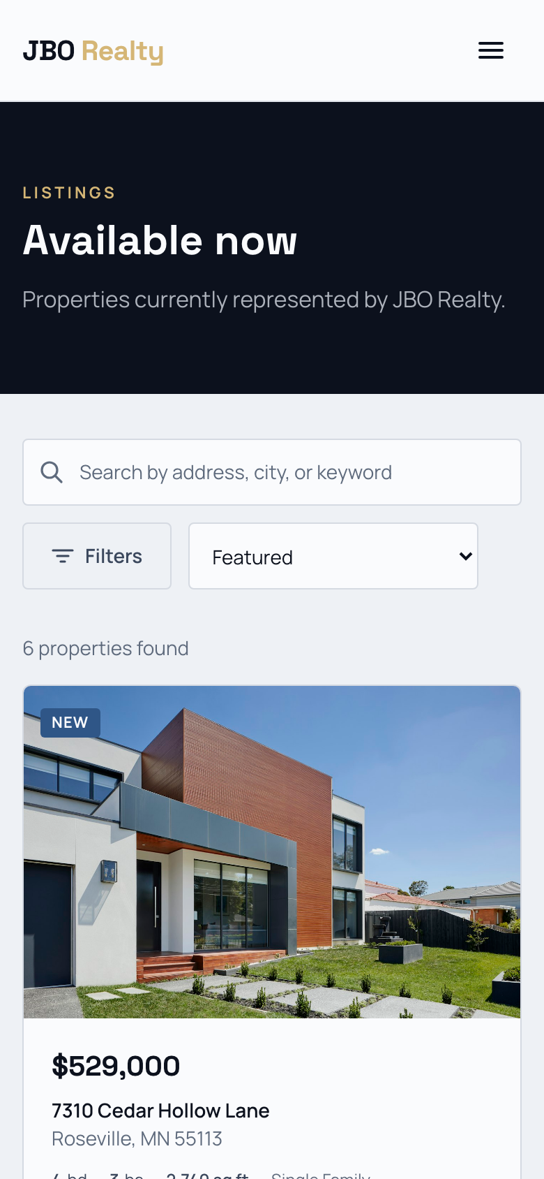 JBO Realty mobile listings view