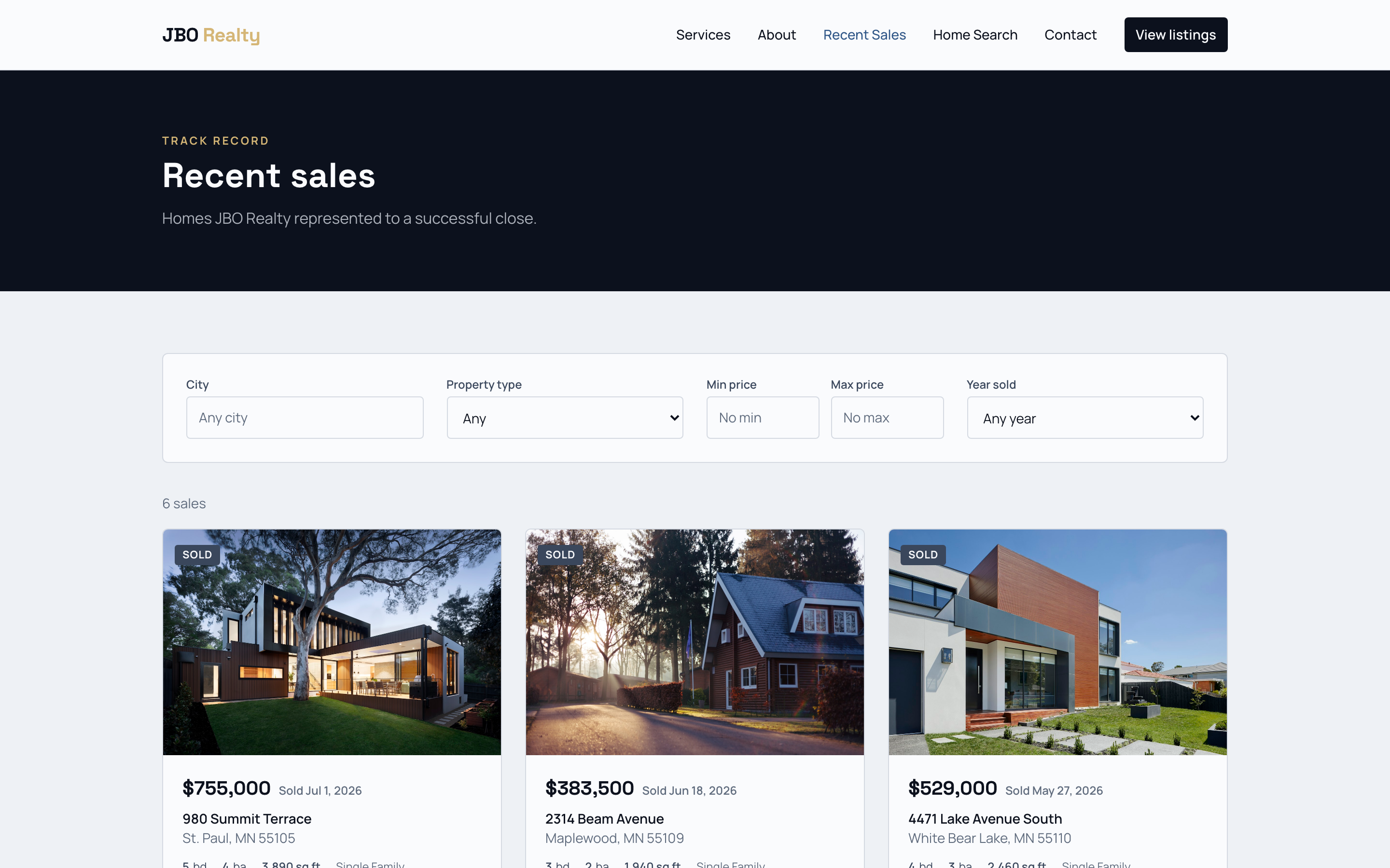 JBO Realty recent sales page